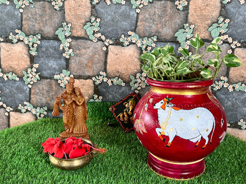 Hand-Painted Terracotta Pot with cow Art - Maroon