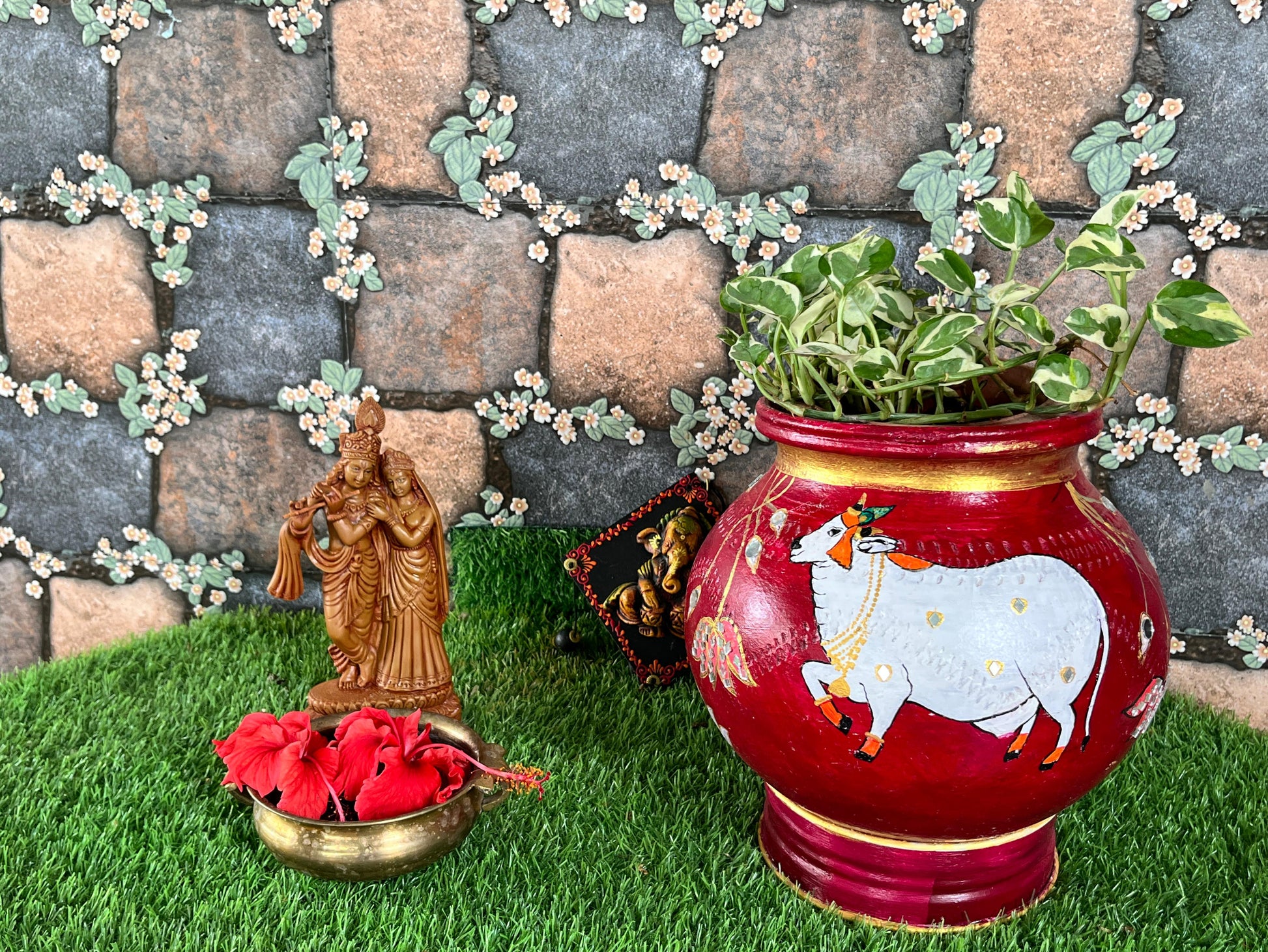 Hand-Painted Terracotta Pot with cow Art - Maroon