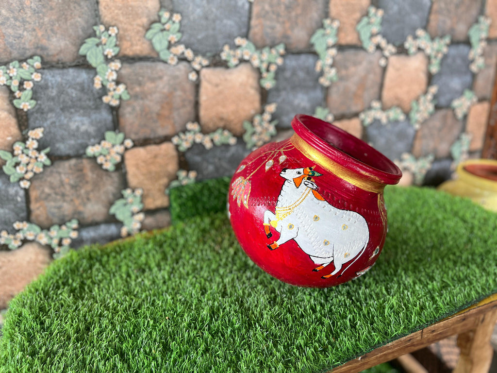 Hand-Painted Terracotta Pot with cow Art - Maroon