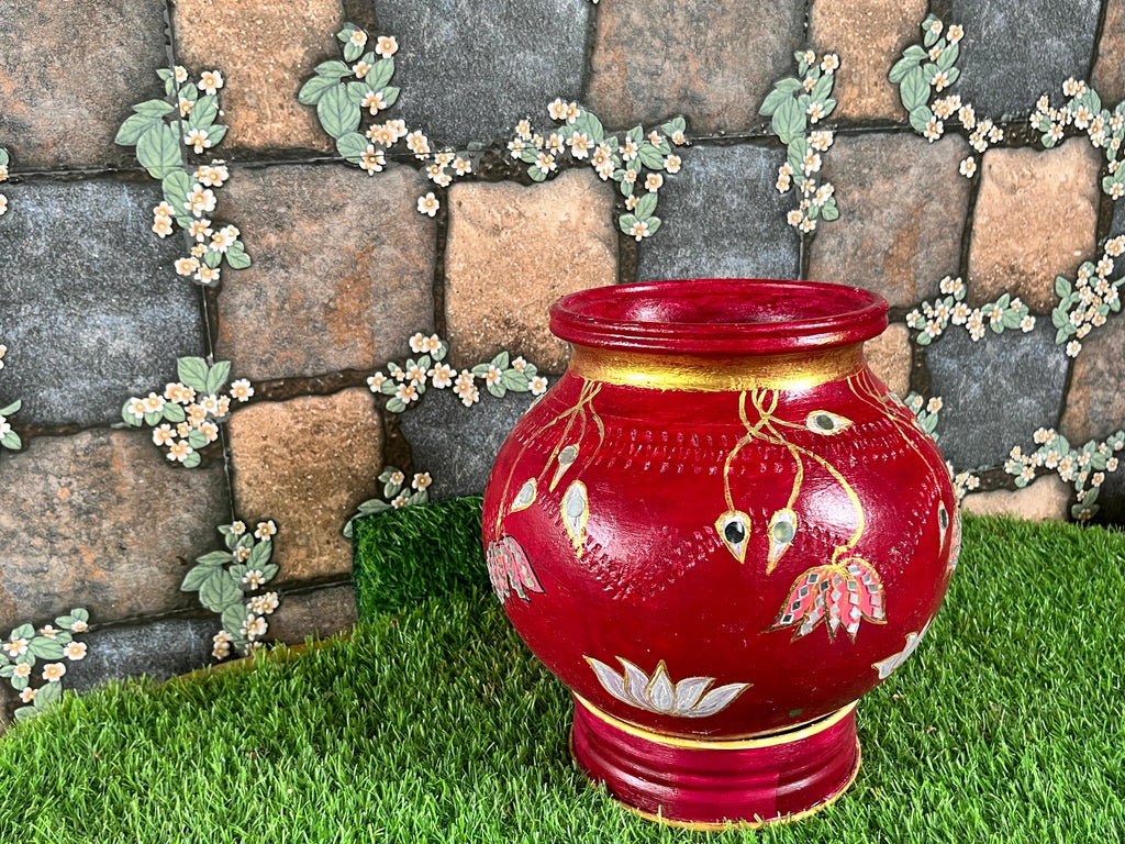 Hand-Painted Terracotta Pot with cow Art - Maroon