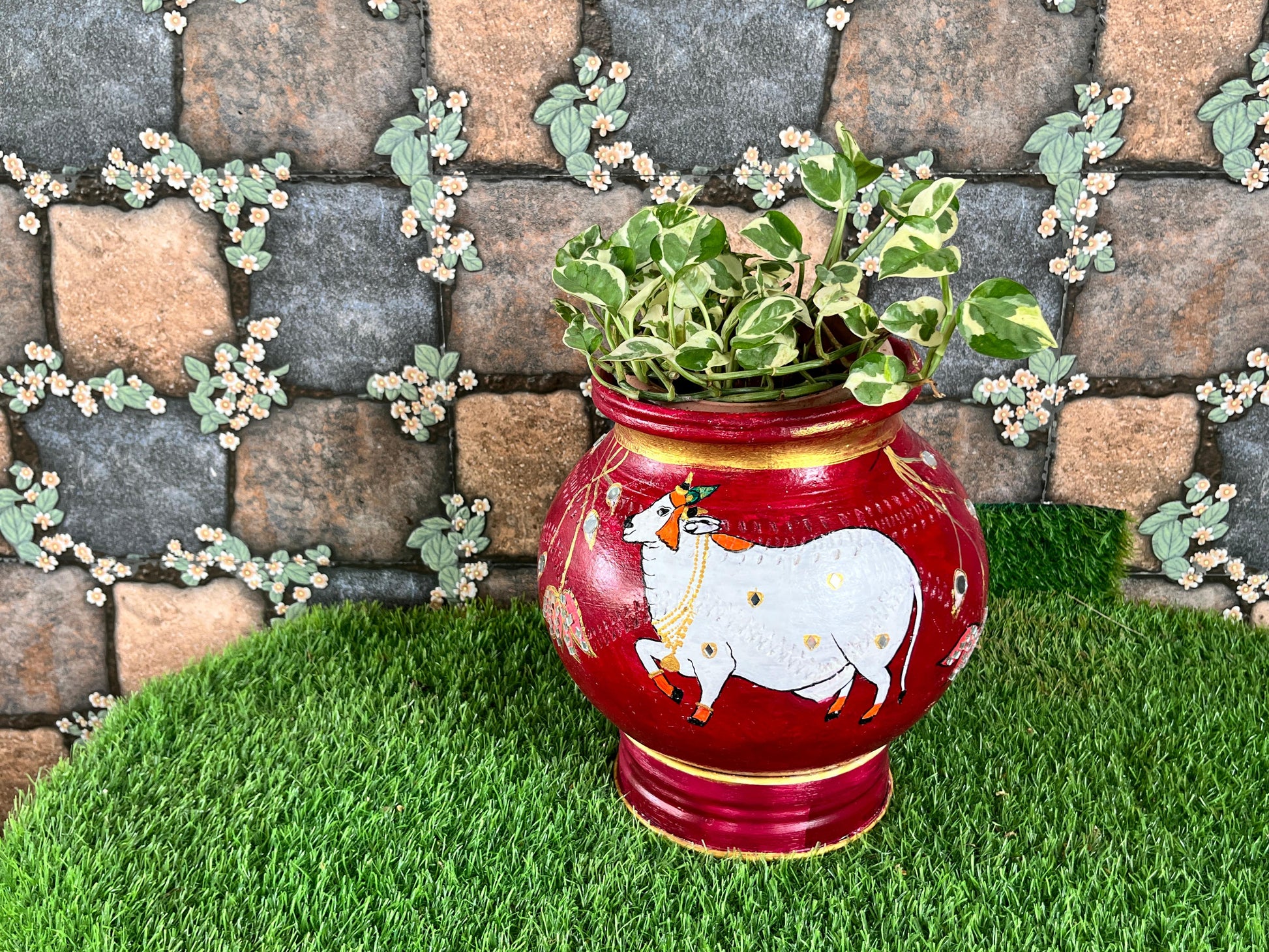 Hand-Painted Terracotta Pot with cow Art - Maroon