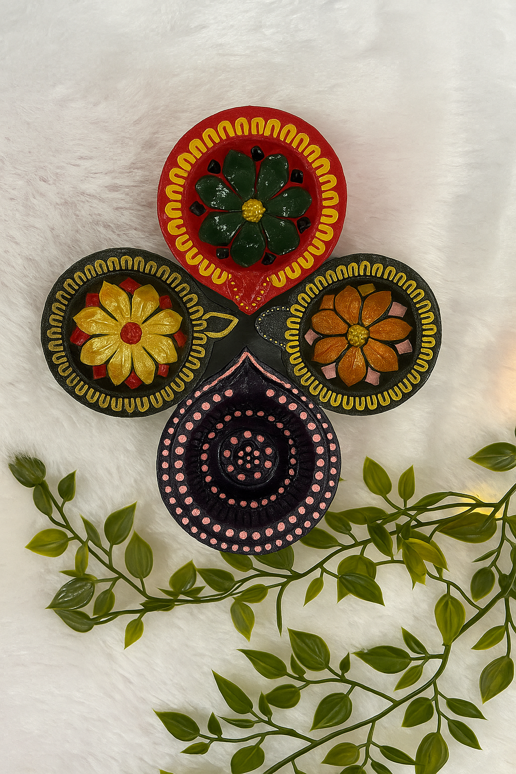 “Four-Petal Glow Set” Hand-Painted Terracotta Diya Arrangement | Festive Floral Design
