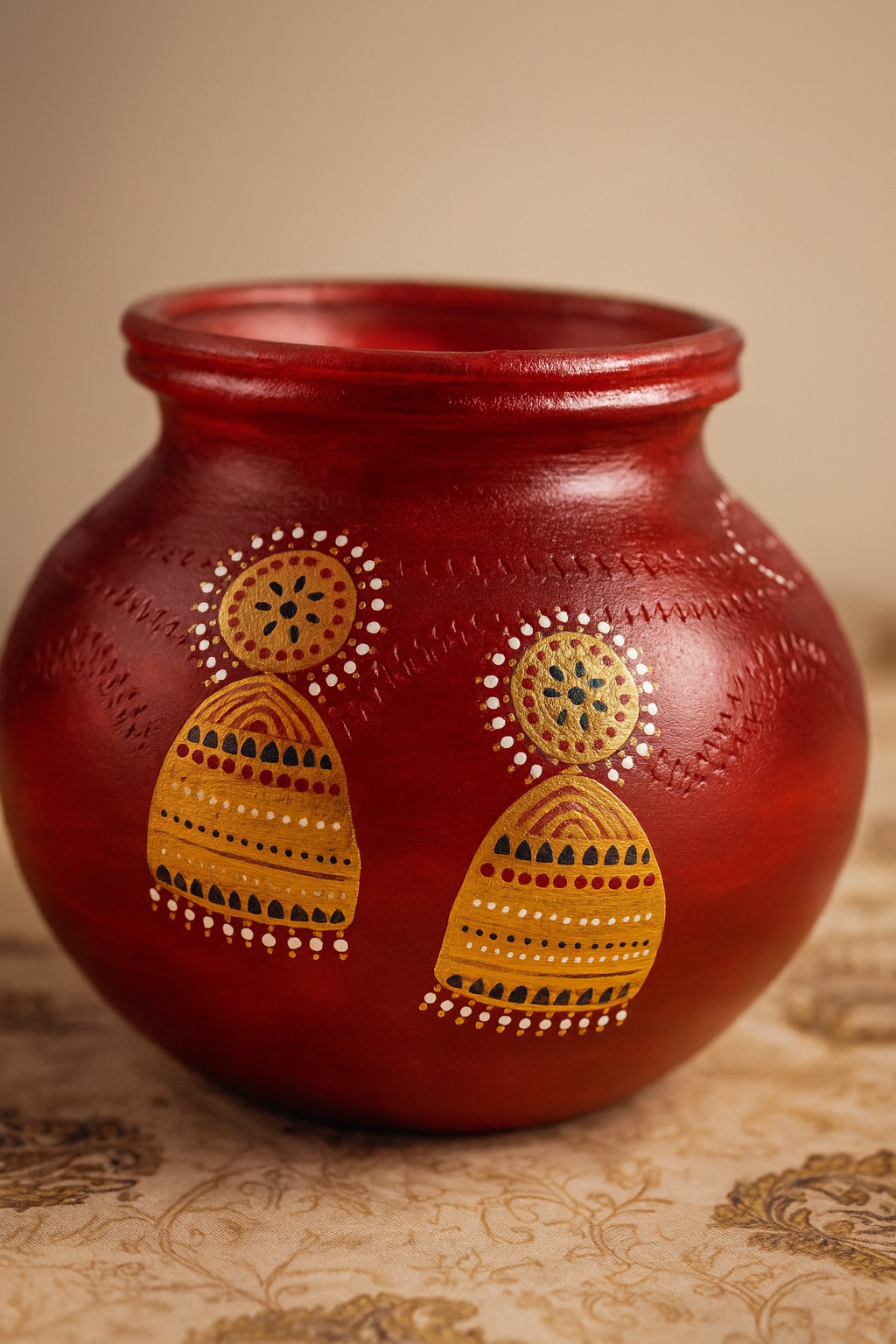 Crimson Glow Terracotta Jhumka Pot