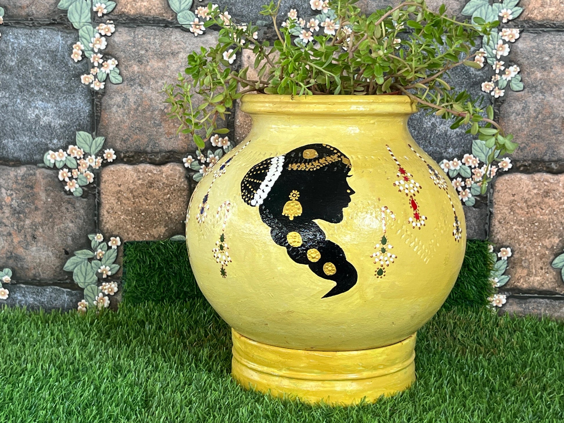 Handpainted Terracotta Pot – Ethnic Lady Design (Yellow)