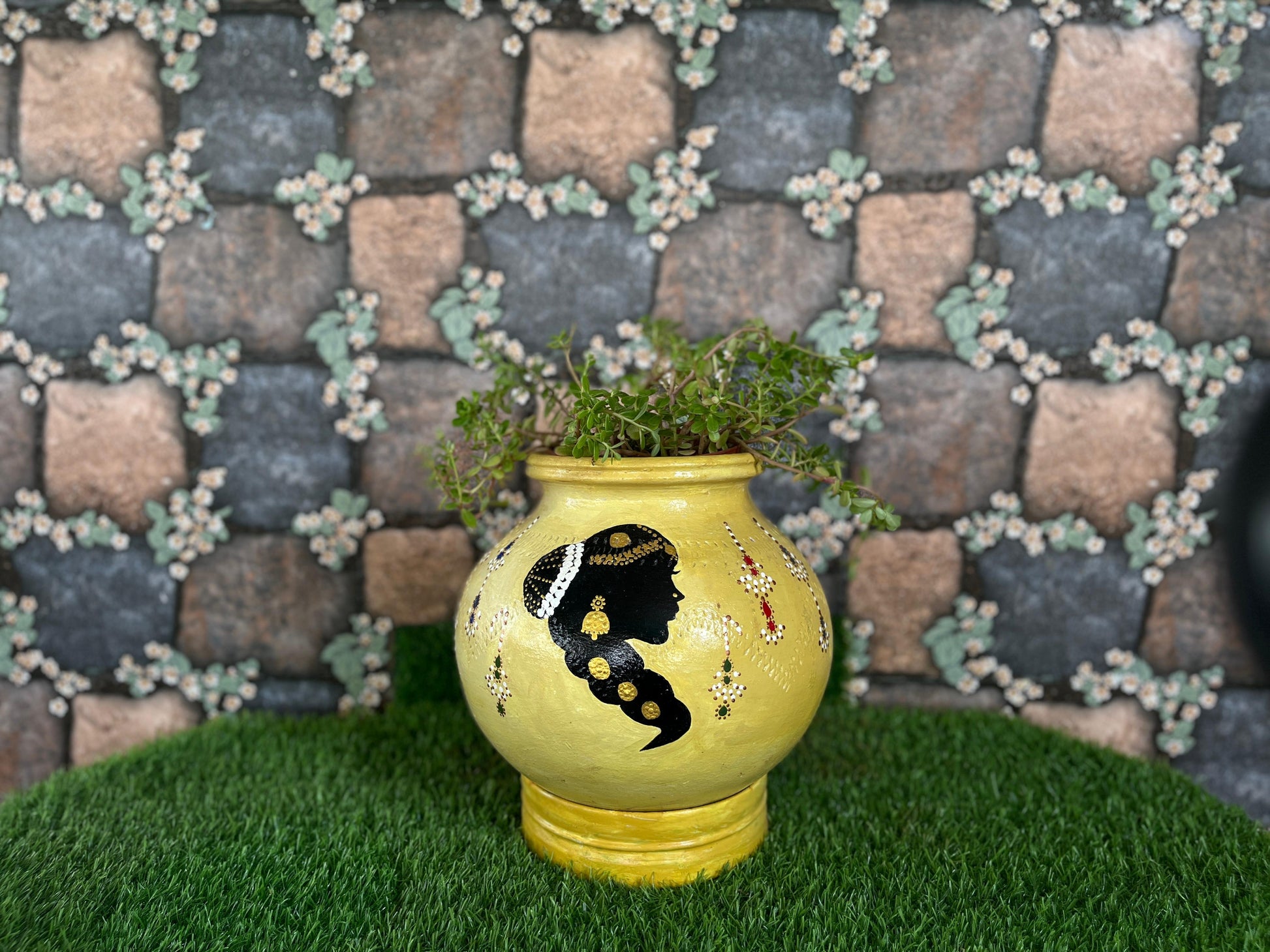 Handpainted Terracotta Pot – Ethnic Lady Design (Yellow)