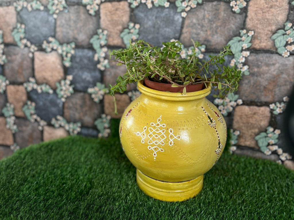 Handpainted Terracotta Pot – Ethnic Lady Design (Yellow)