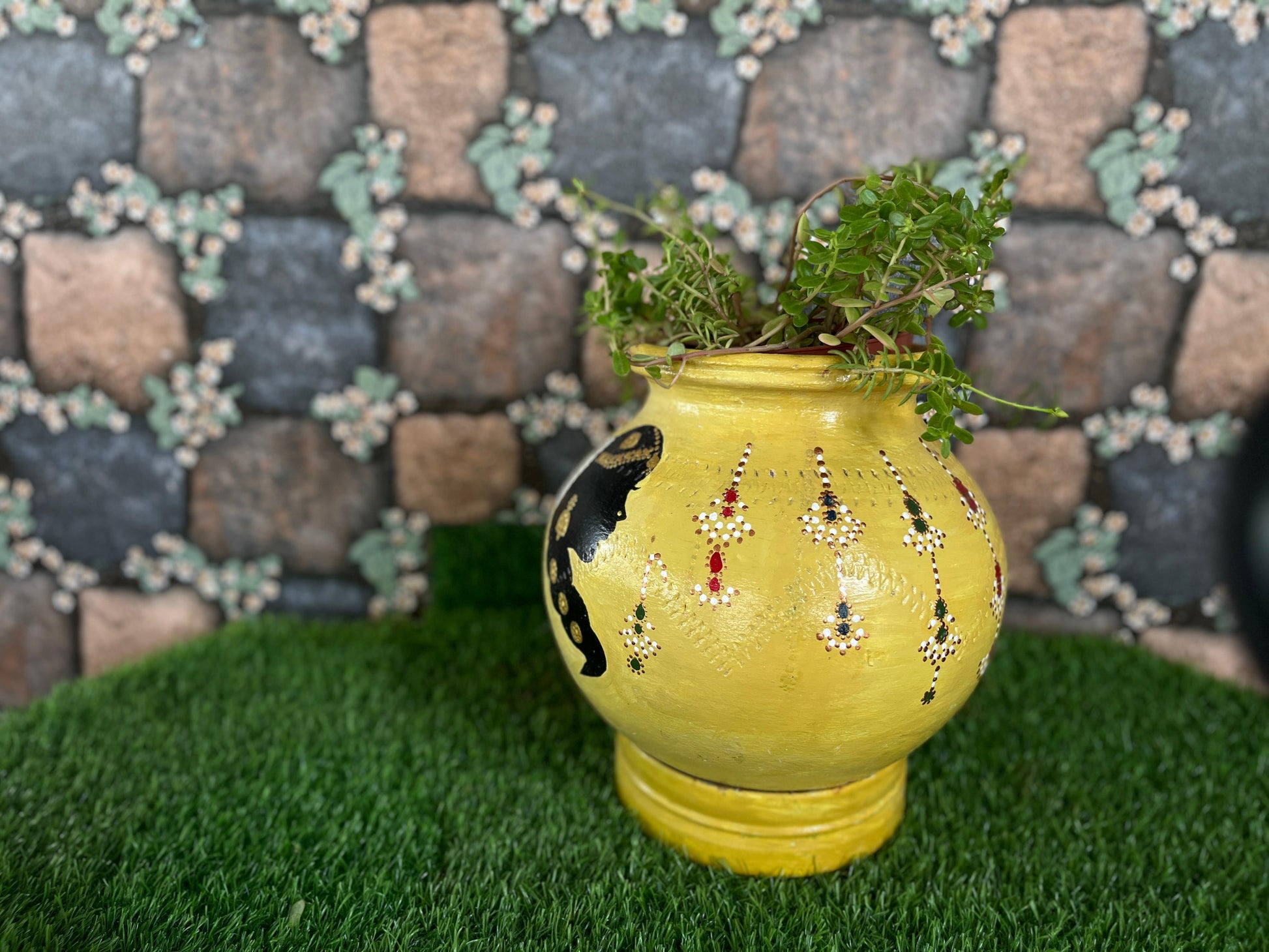 Handpainted Terracotta Pot – Ethnic Lady Design (Yellow)