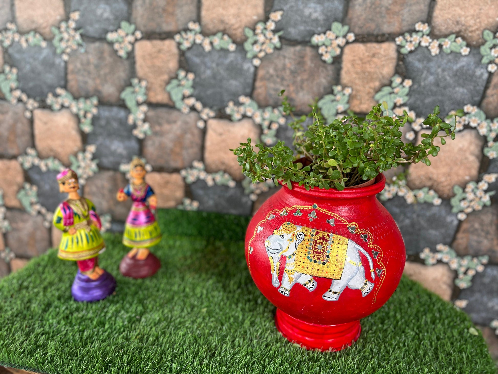 Hand-Painted Terracotta Pot with Elephant Art – Red