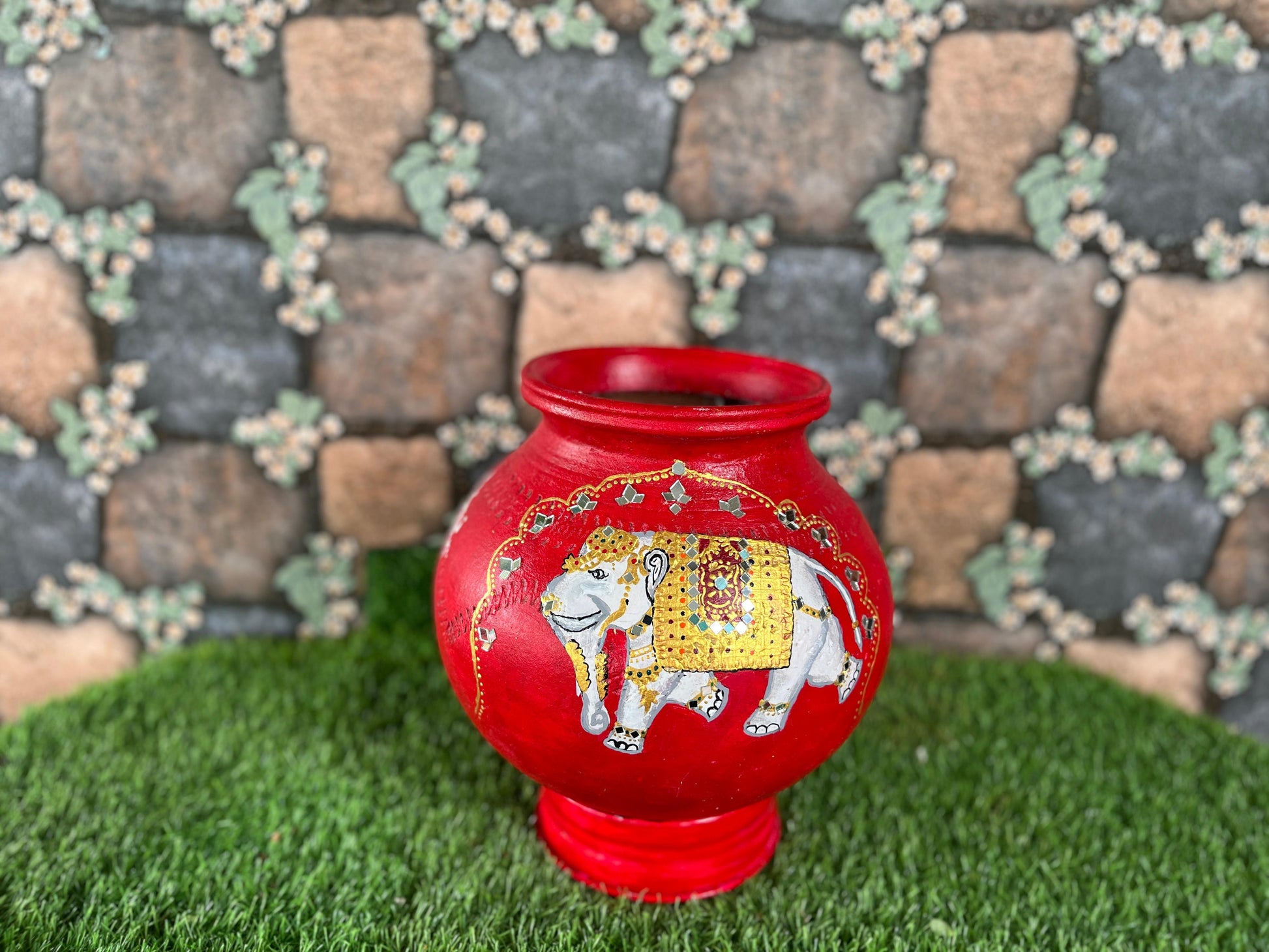 Hand-Painted Terracotta Pot with Elephant Art – Red