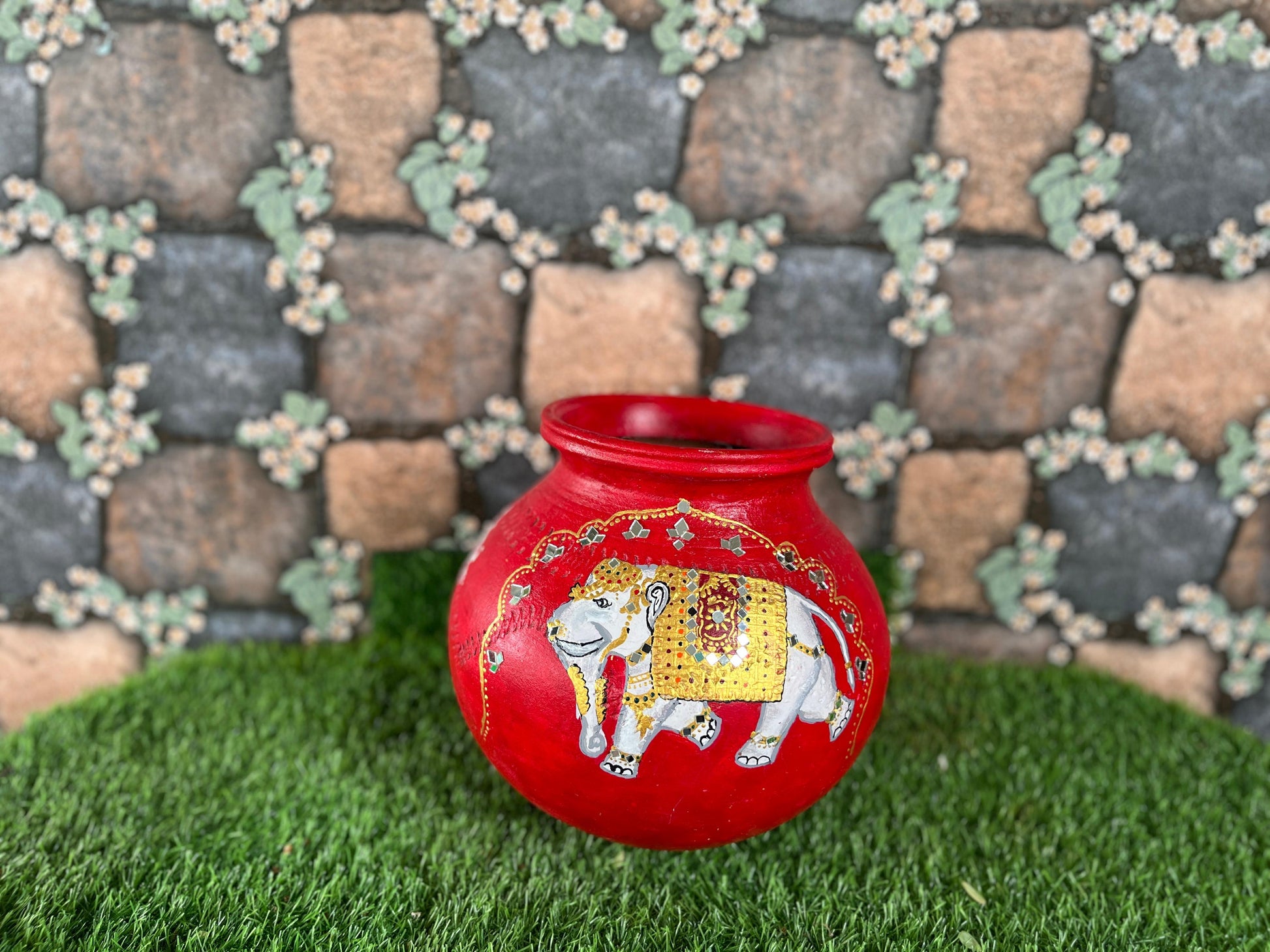 Hand-Painted Terracotta Pot with Elephant Art – Red