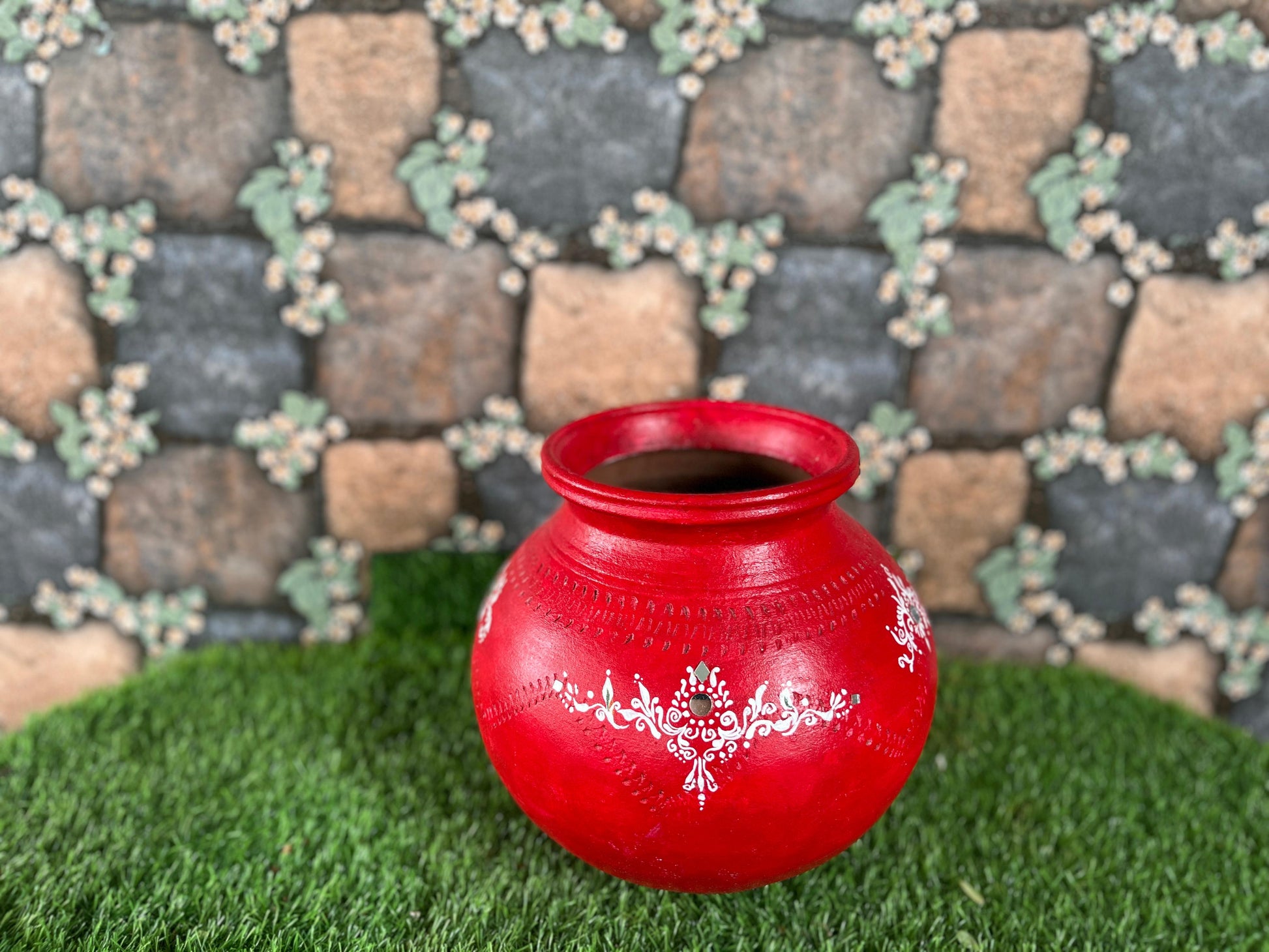 Hand-Painted Terracotta Pot with Elephant Art – Red