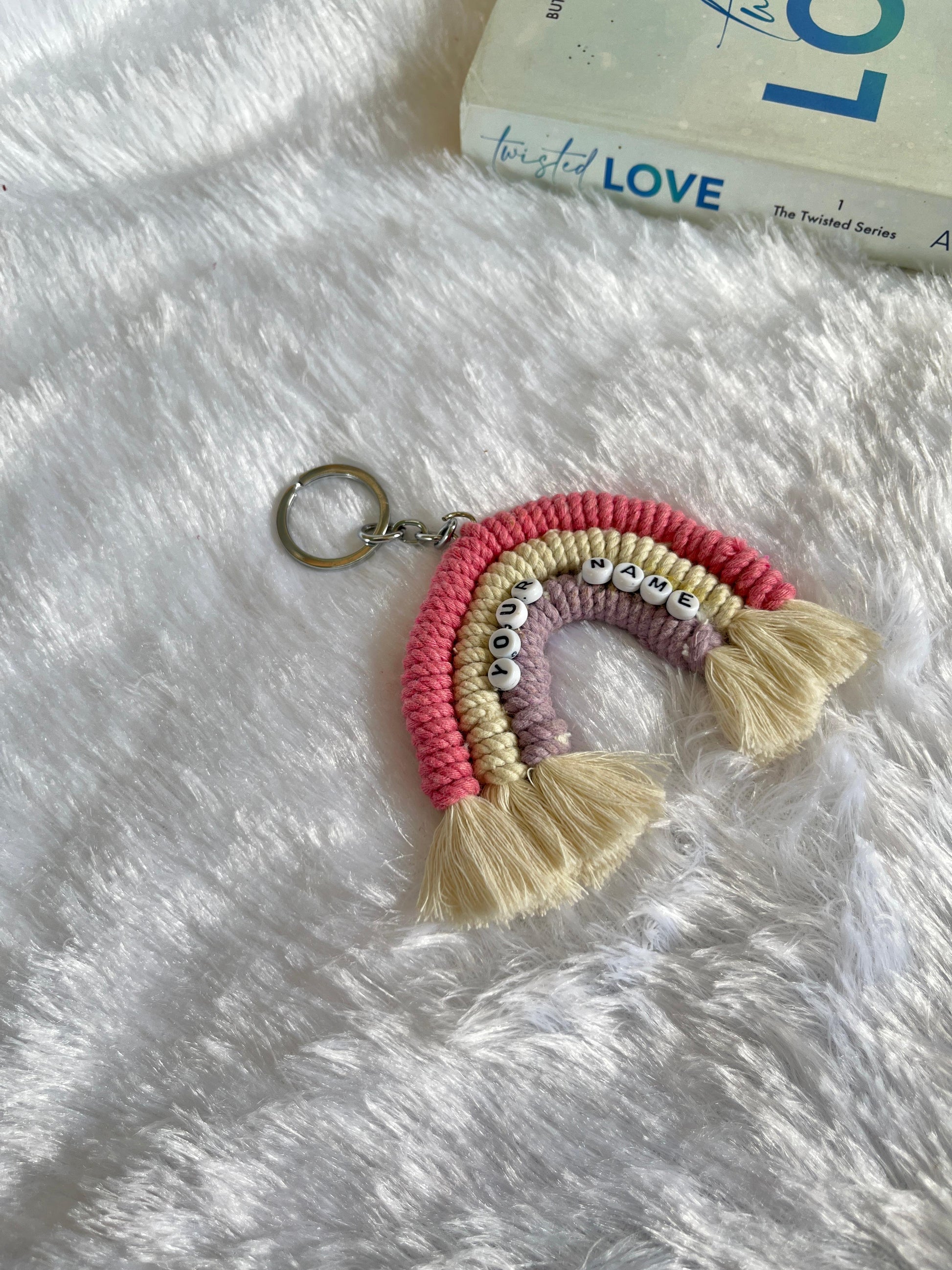 Personalized Blush Rainbow Macramé Keychain
