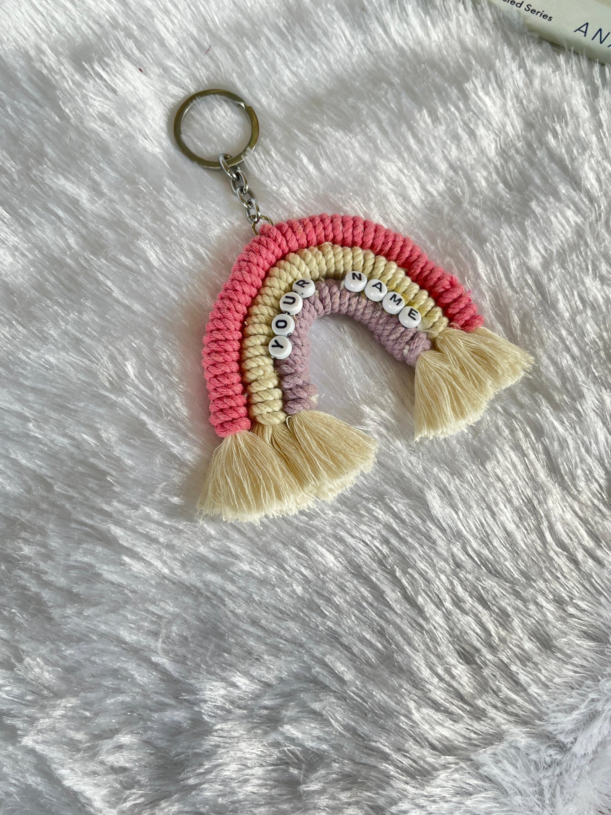 Personalized Blush Rainbow Macramé Keychain