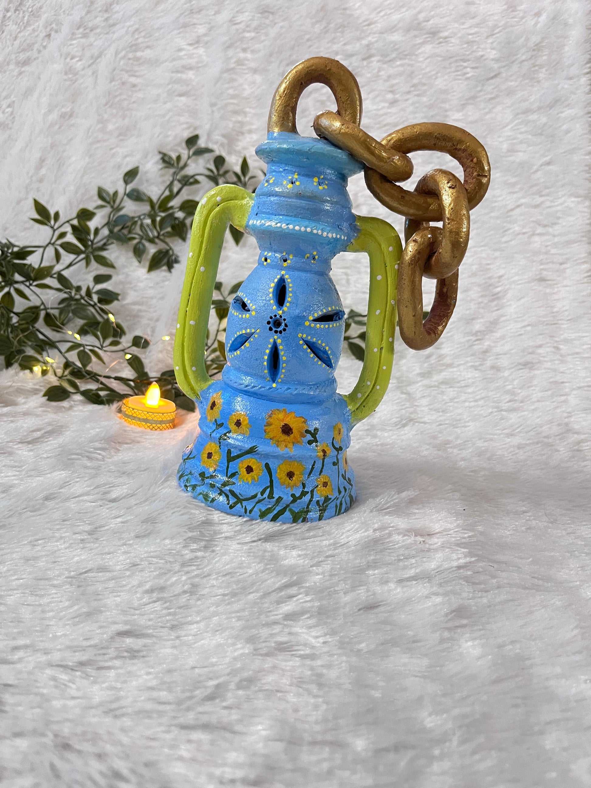 “Breeze Bloom” Hand-Painted Blue Terracotta Lantern
