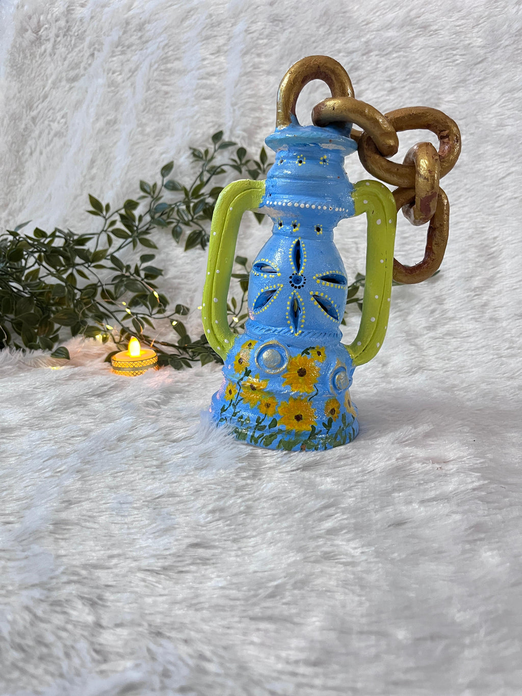 “Breeze Bloom” Hand-Painted Blue Terracotta Lantern