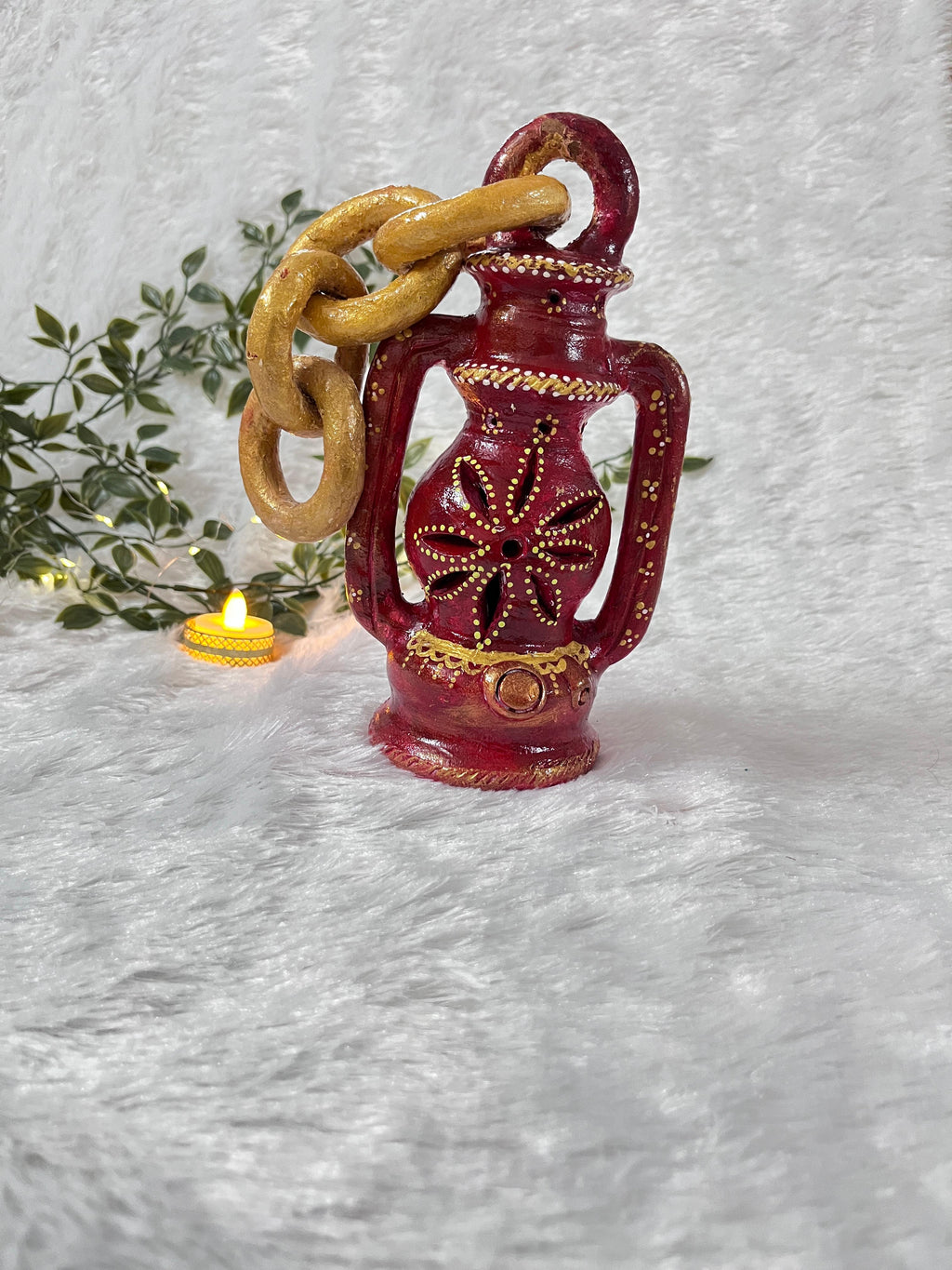 Crimson Glow: Handpainted Terracotta Lantern