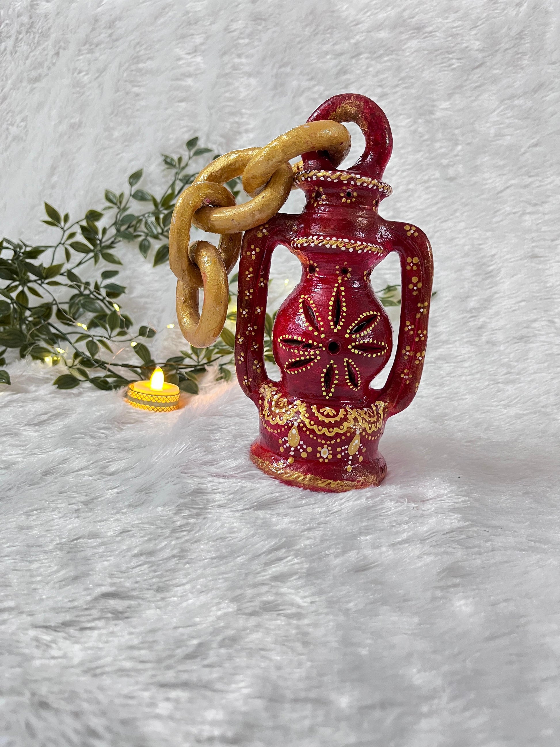 Crimson Glow: Handpainted Terracotta Lantern