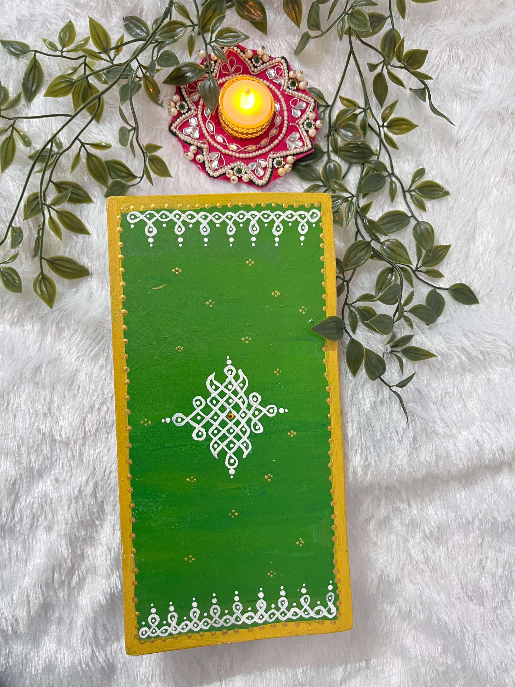 Sacred Kolam Poojai Manai – Handpainted Wooden Puja Platform