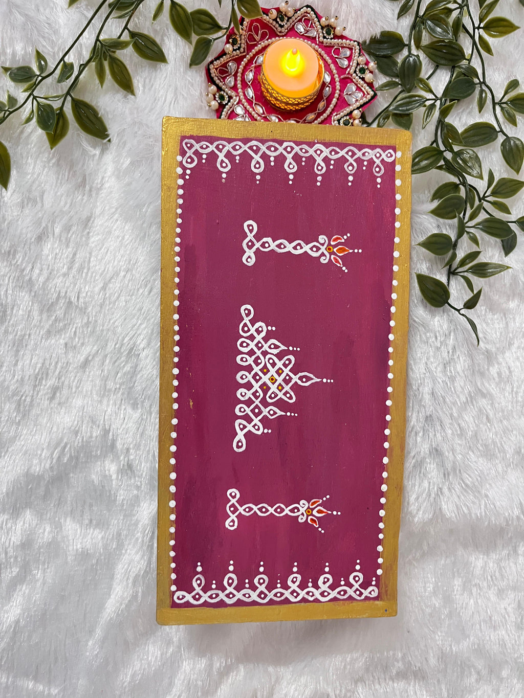 Handcrafted Maroon Poojai Manai with Kolam Detailing