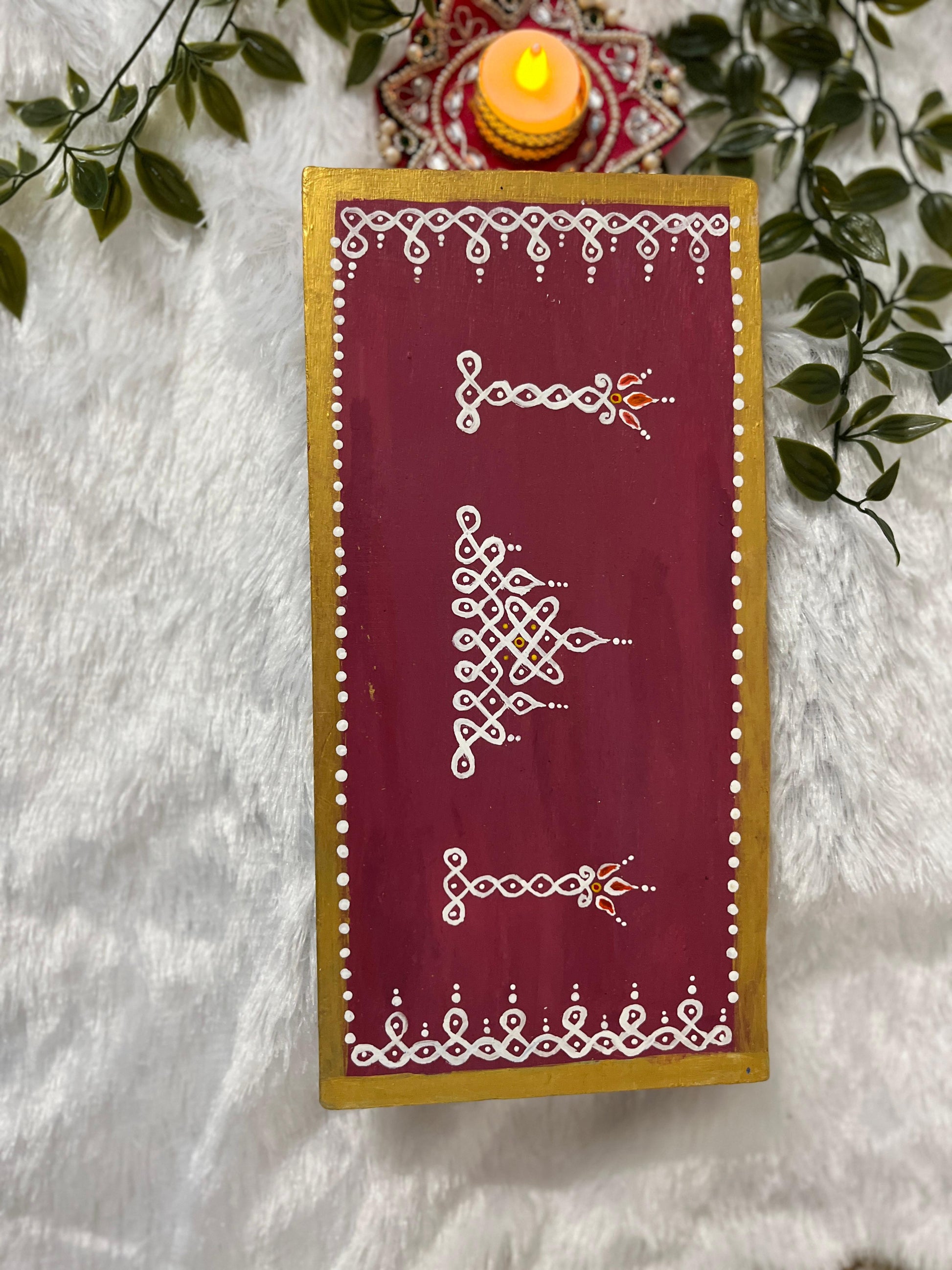 Handcrafted Maroon Poojai Manai with Kolam Detailing