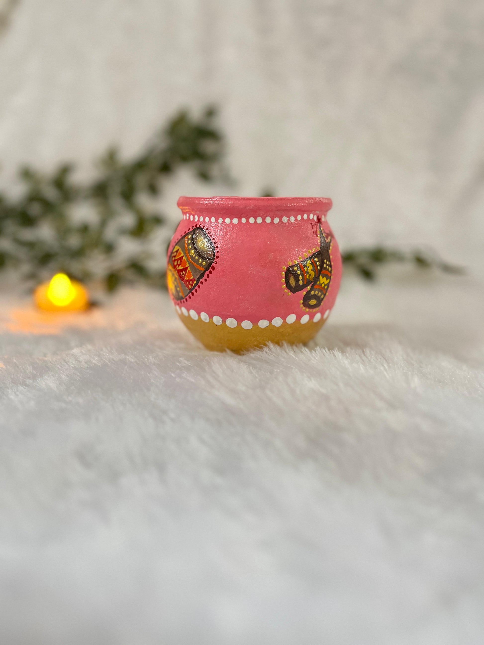 “Folk Rhythm Pot” Hand-Painted Terracotta Matka | Festive Pink & Gold Decor