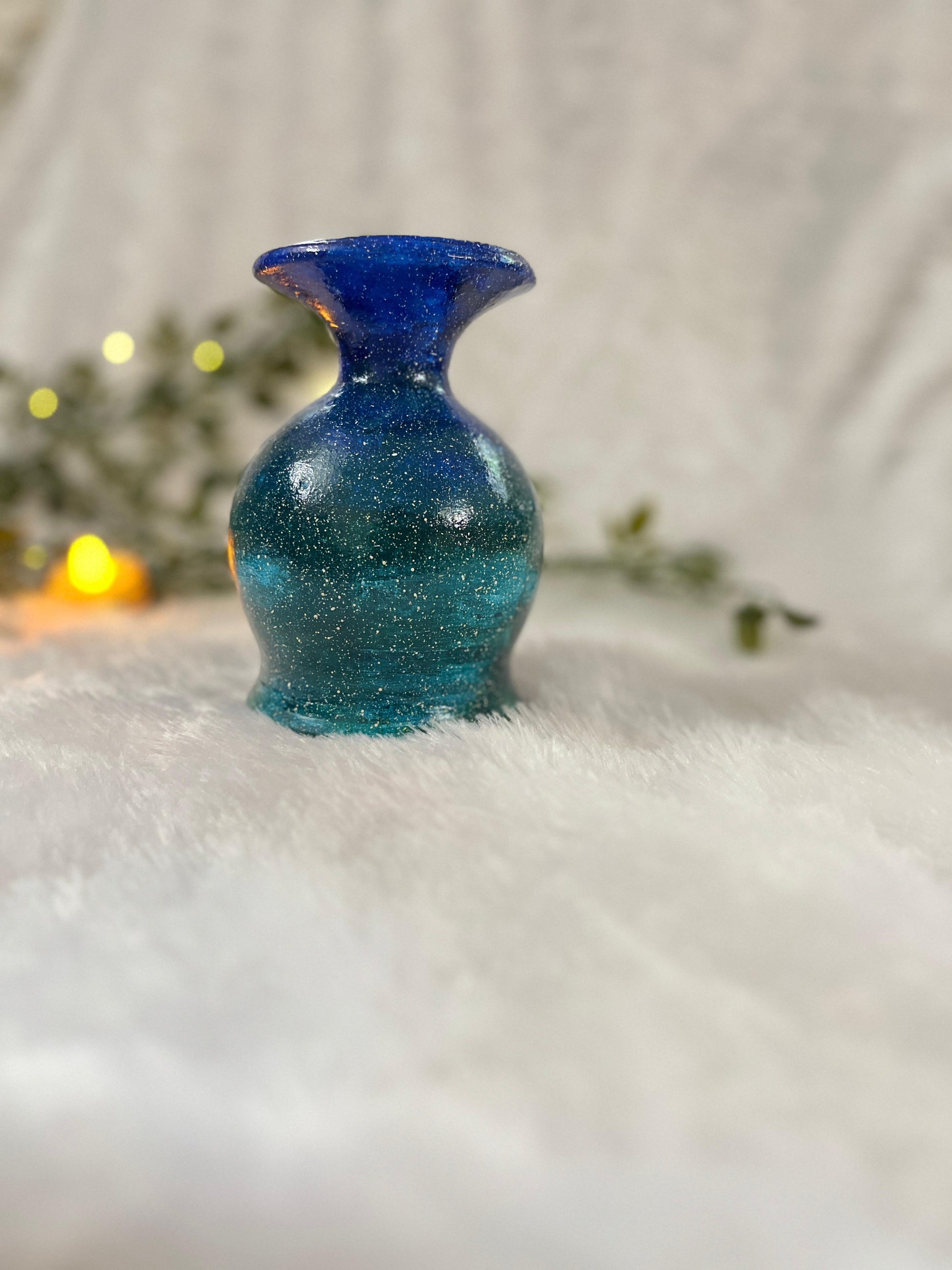 “Celestial Glow” Hand-Painted Terracotta Candle Stand | Sparkle Blue Ombre