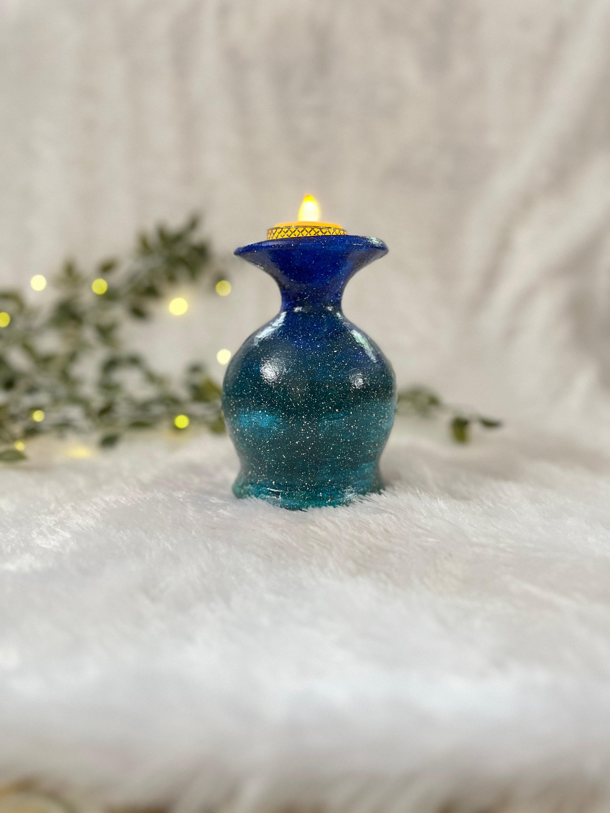 “Celestial Glow” Hand-Painted Terracotta Candle Stand | Sparkle Blue Ombre