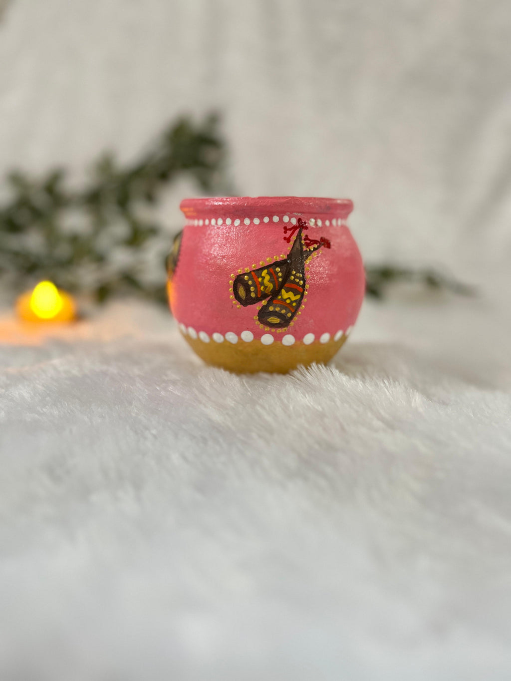 “Folk Rhythm Pot” Hand-Painted Terracotta Matka | Festive Pink & Gold Decor