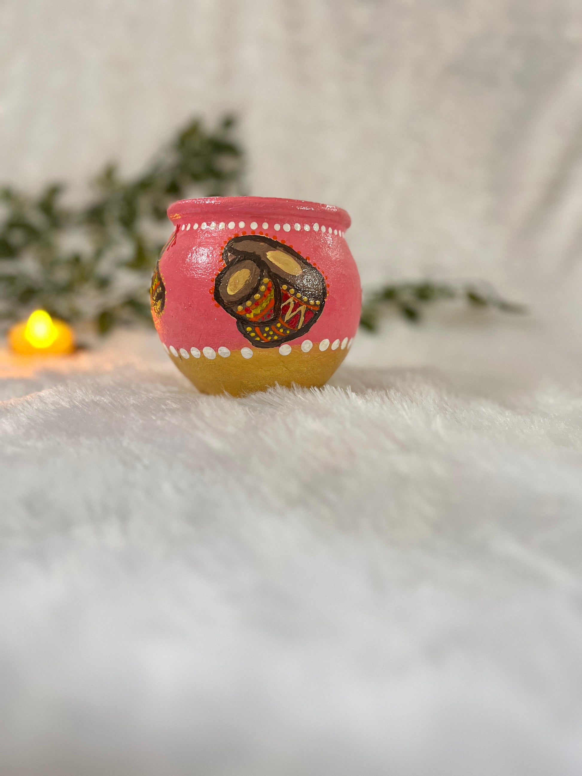 “Folk Rhythm Pot” Hand-Painted Terracotta Matka | Festive Pink & Gold Decor