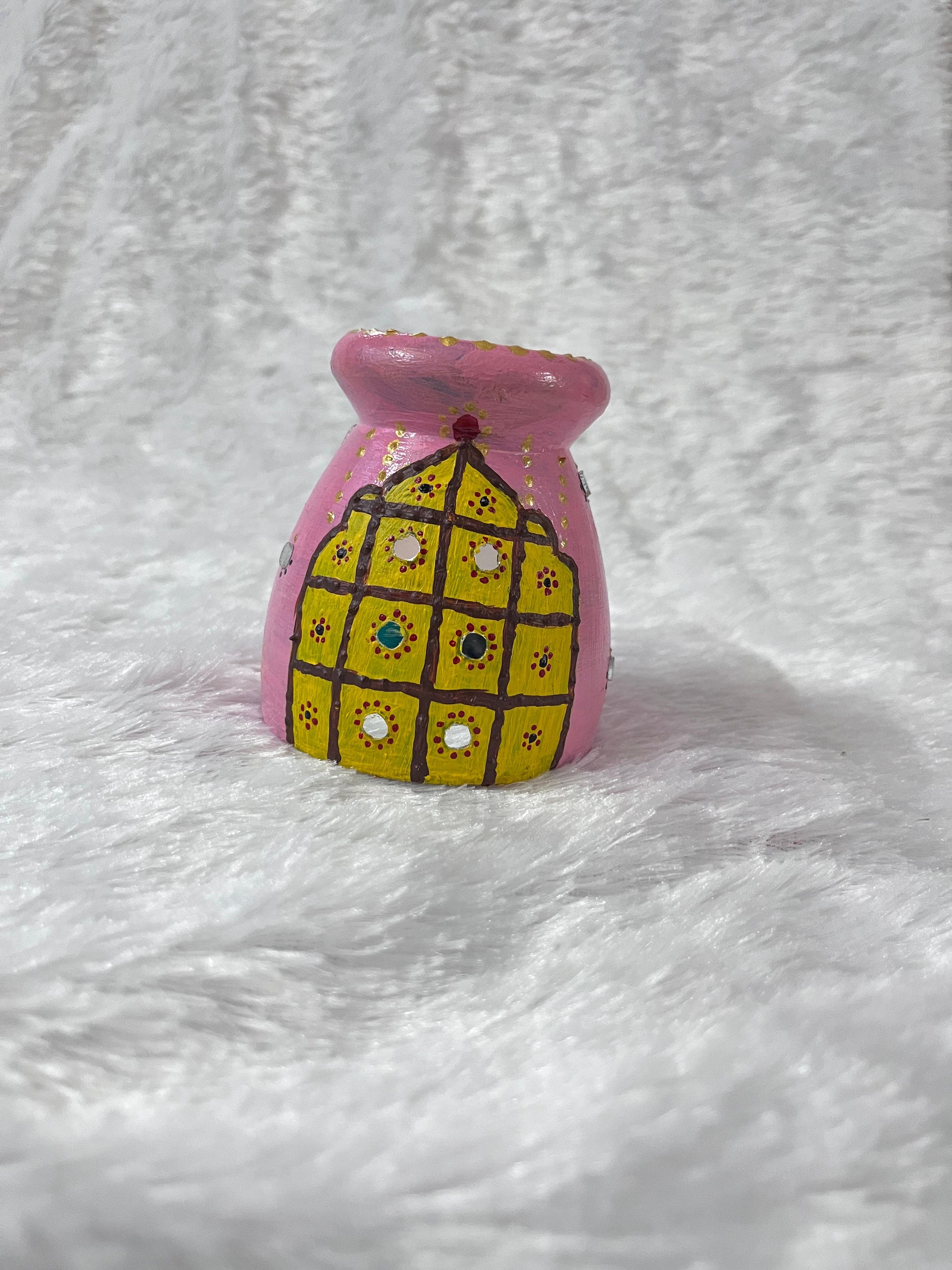 Pink Palace Door candle Holder – Hand-Painted Terracotta Décor