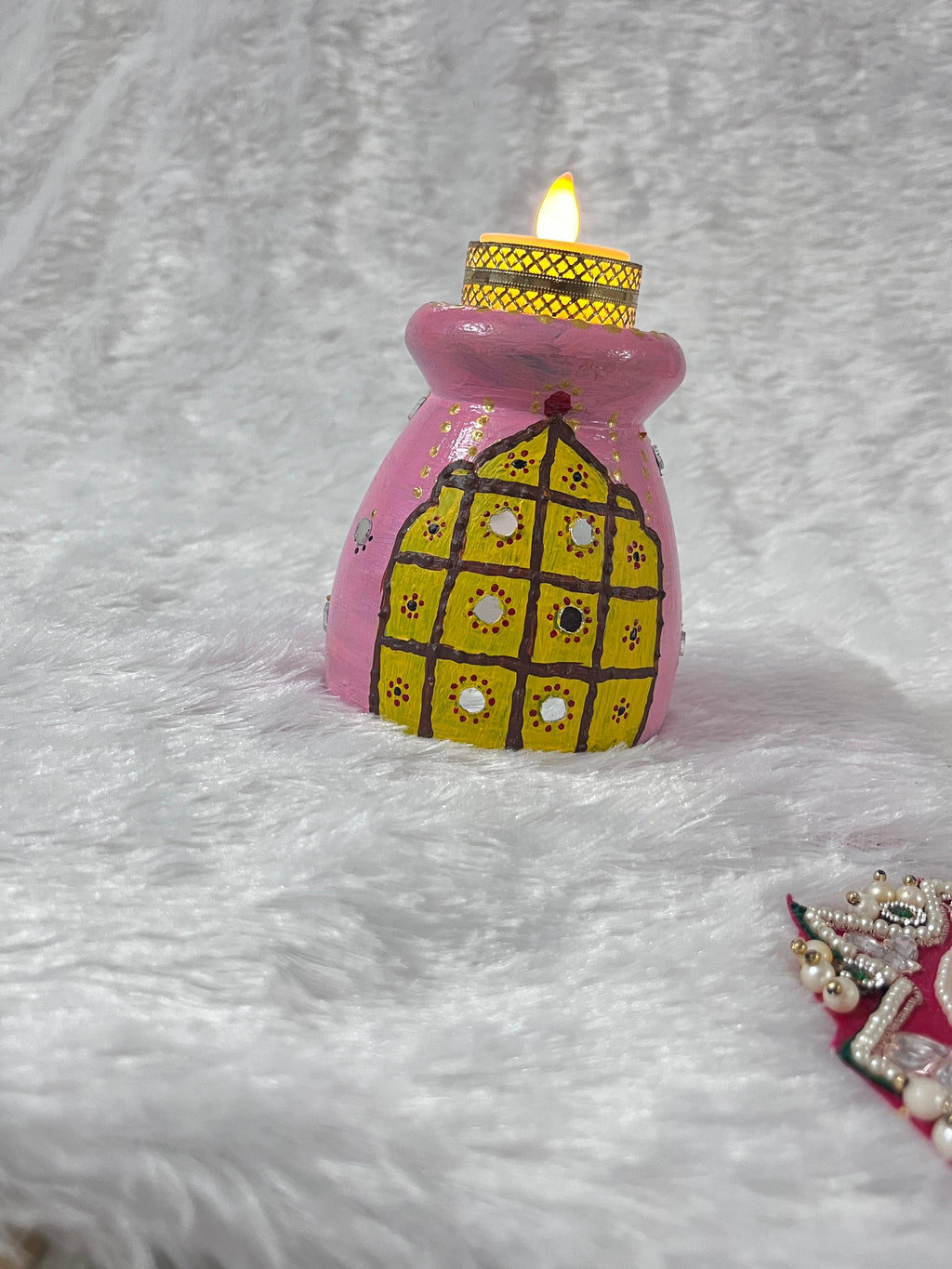 Pink Palace Door candle Holder – Hand-Painted Terracotta Décor