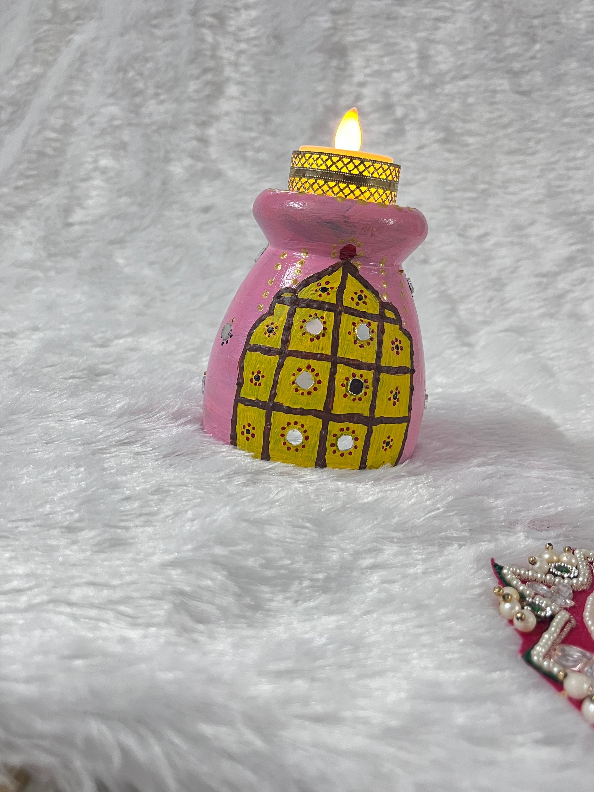 Pink Palace Door candle Holder – Hand-Painted Terracotta Décor