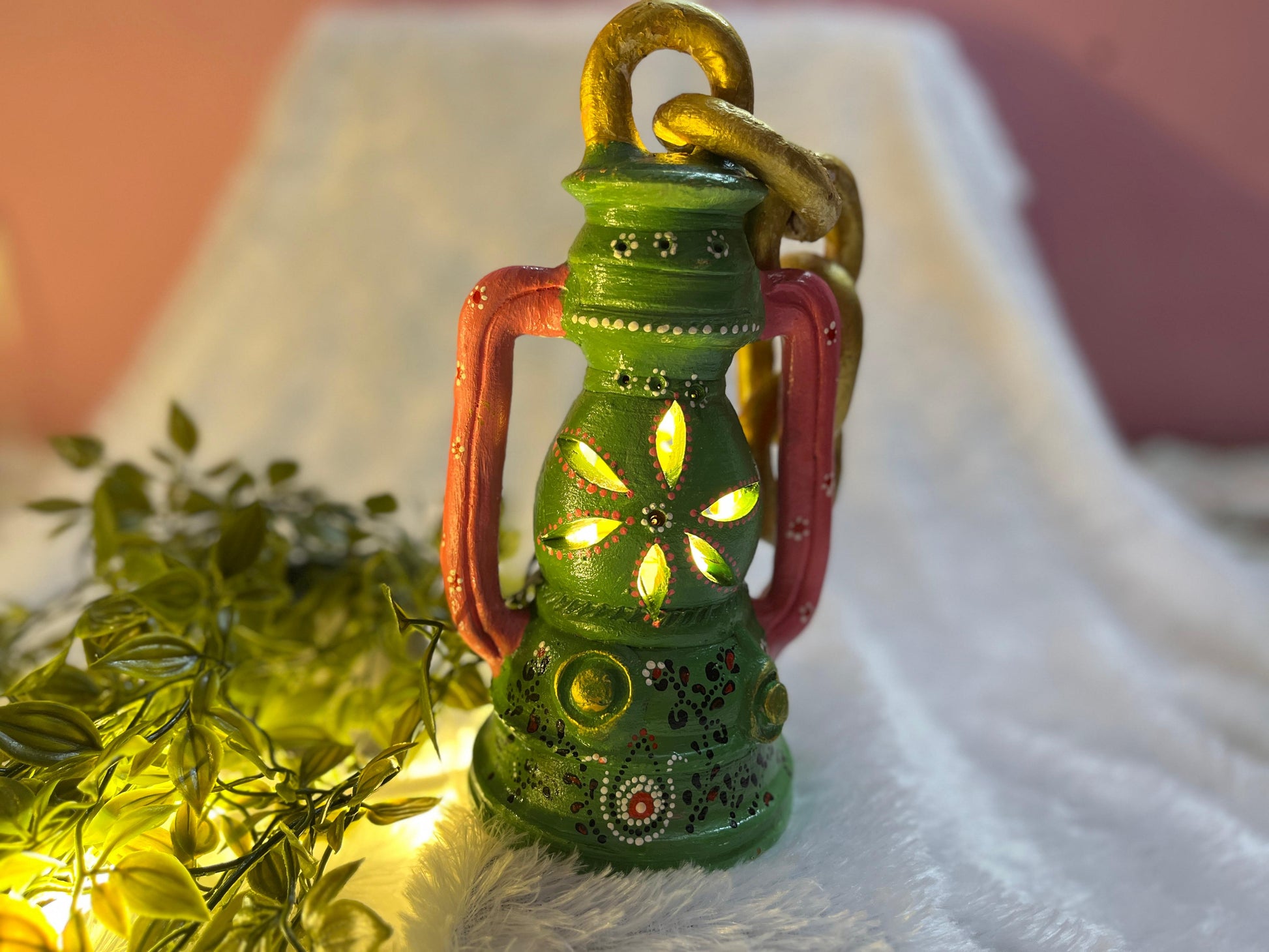 “Garden Glow” Hand-Painted Terracotta Lantern with LED lighting