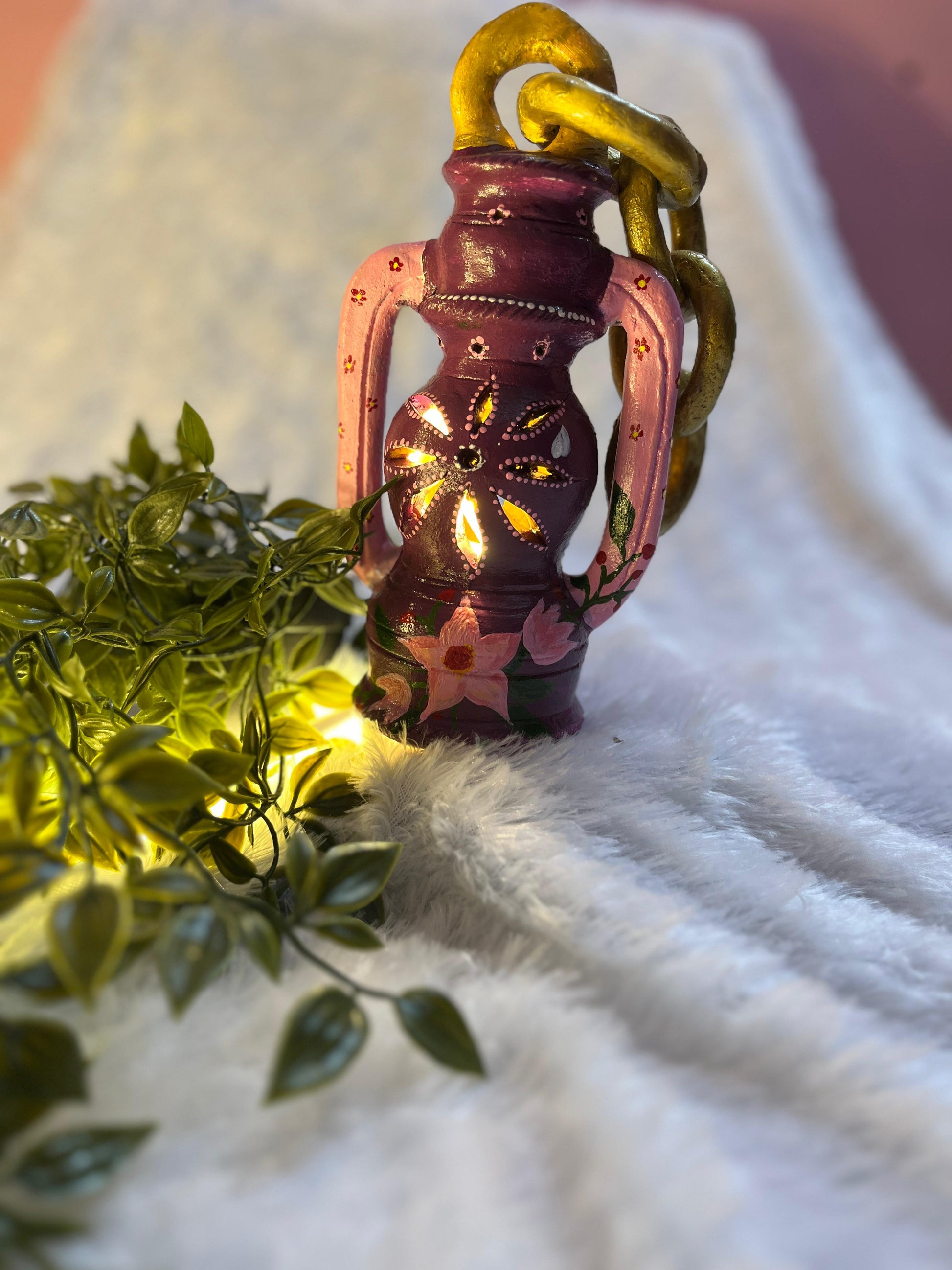 Lavender Bloom” Handpainted Terracotta Lantern with LED lighting