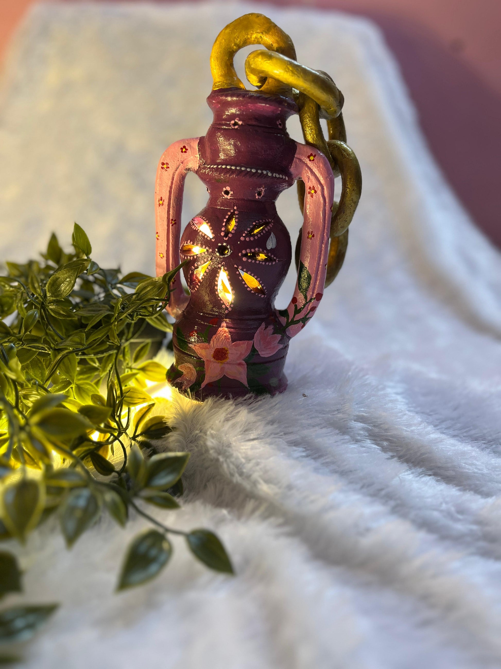 Lavender Bloom” Handpainted Terracotta Lantern with LED lighting