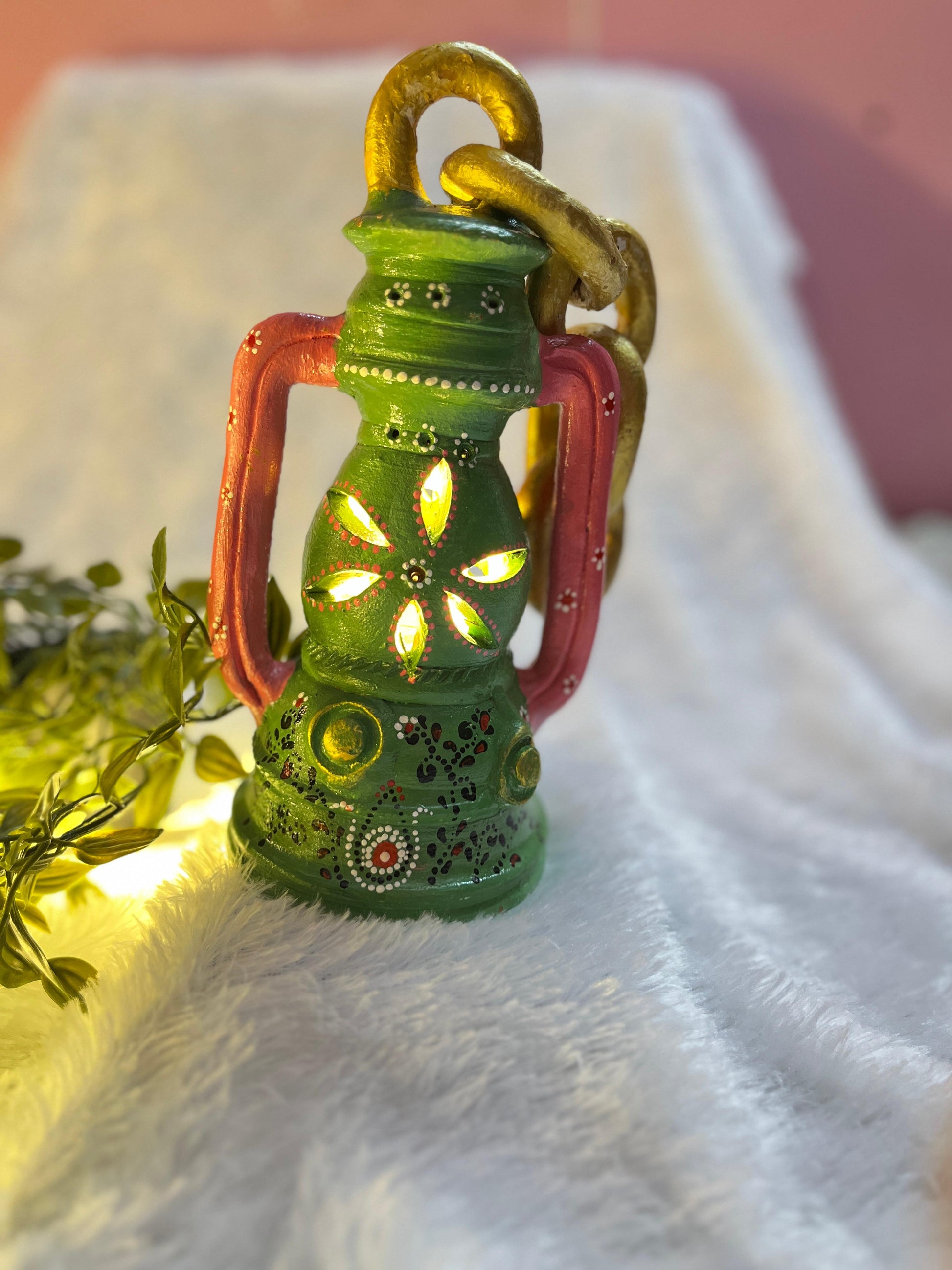 “Garden Glow” Hand-Painted Terracotta Lantern with LED lighting