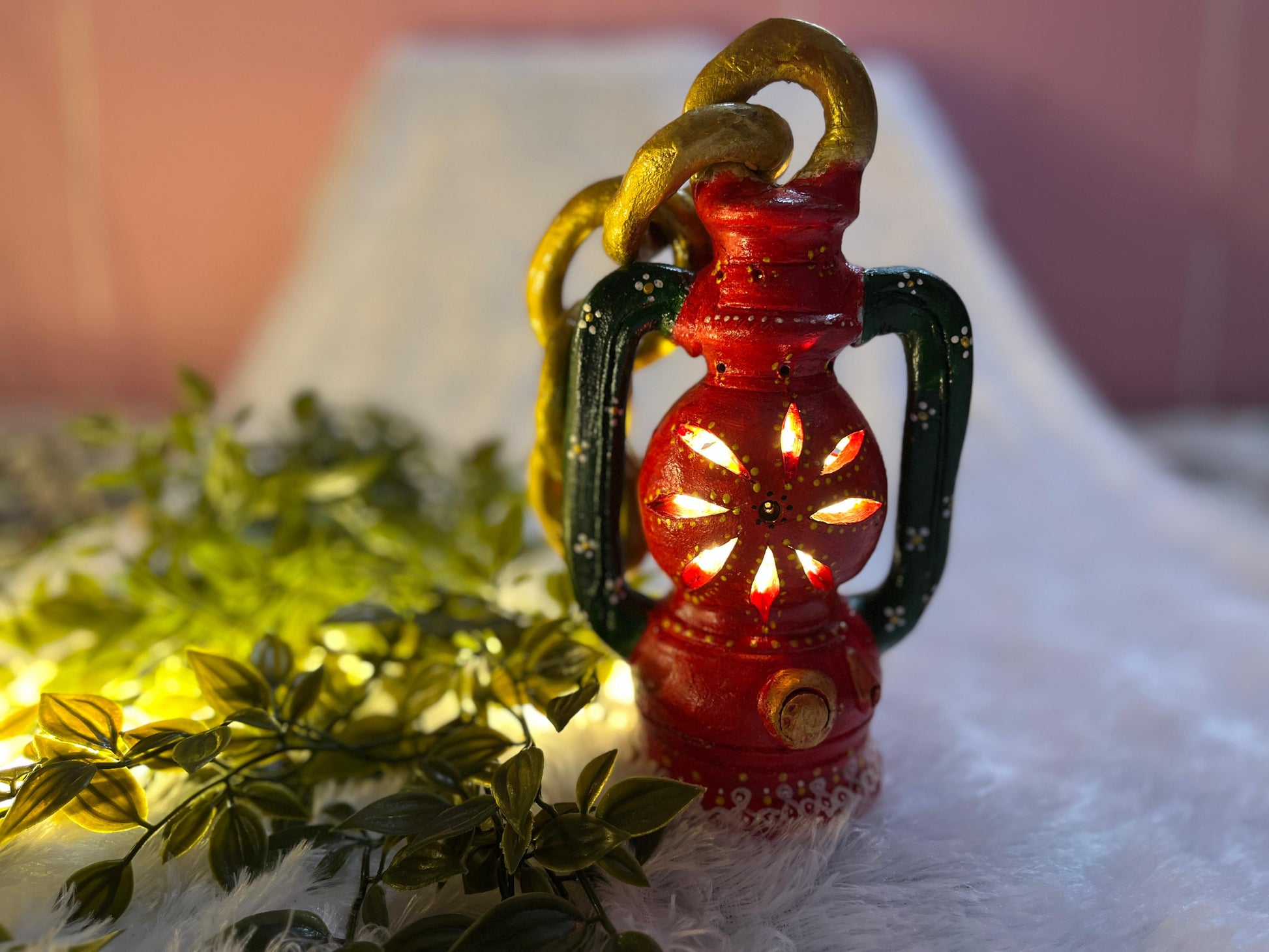 Handpainted Terracotta Lantern with LED lighting – Traditional Kolam Design