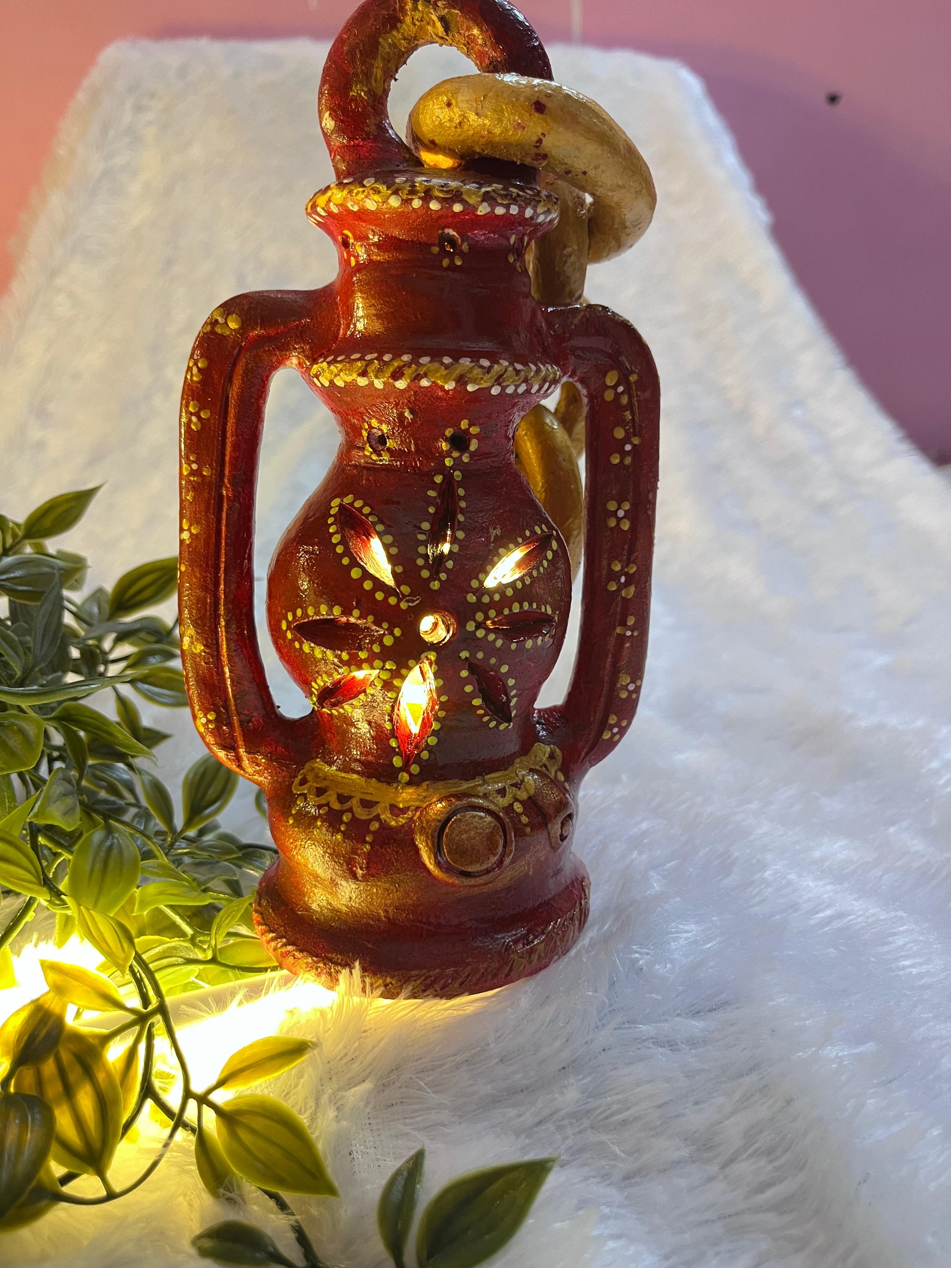 Crimson Glow: Handpainted Terracotta Lantern with LED lighting