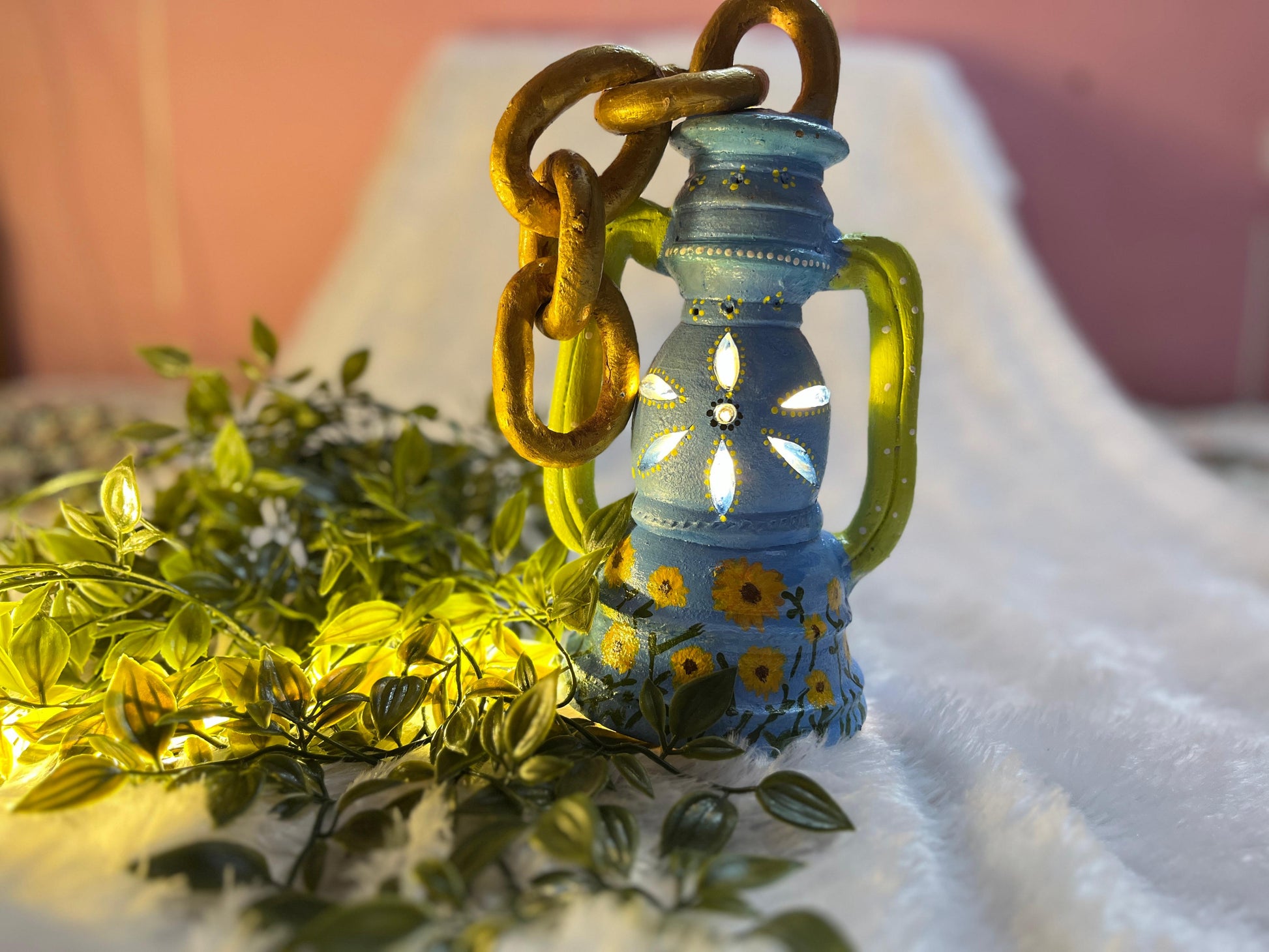“Breeze Bloom” Hand-Painted Blue Terracotta Lantern with LED lighting