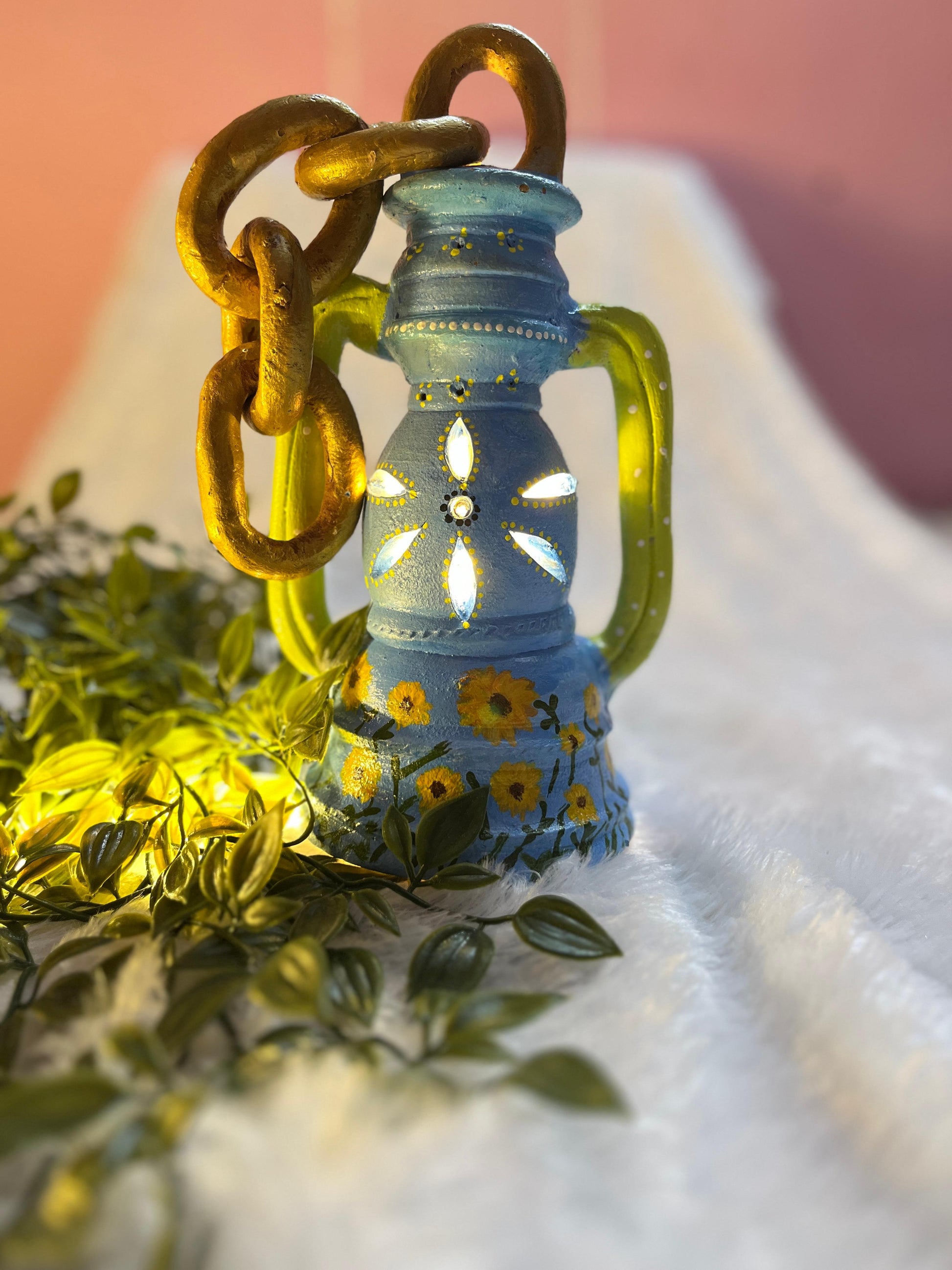 “Breeze Bloom” Hand-Painted Blue Terracotta Lantern with LED lighting
